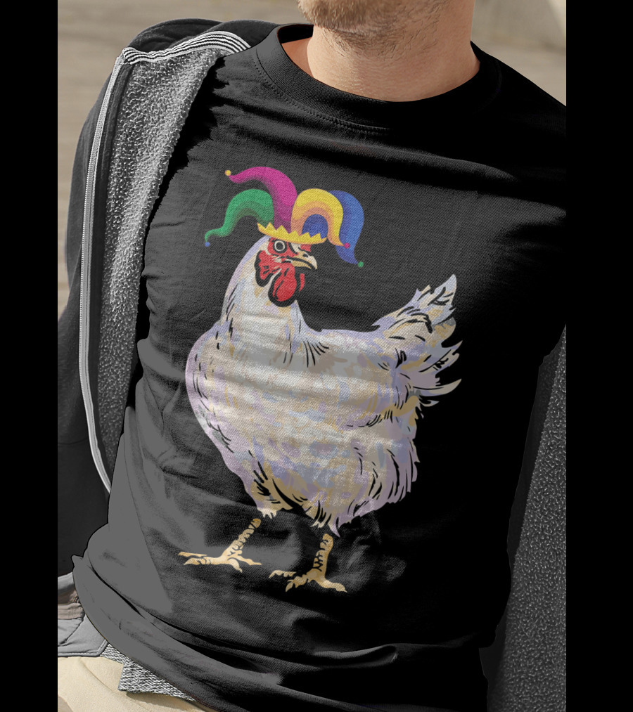 Funny Mardi Gras Chicken Wearing Colorful Jester Hat T-Shirt