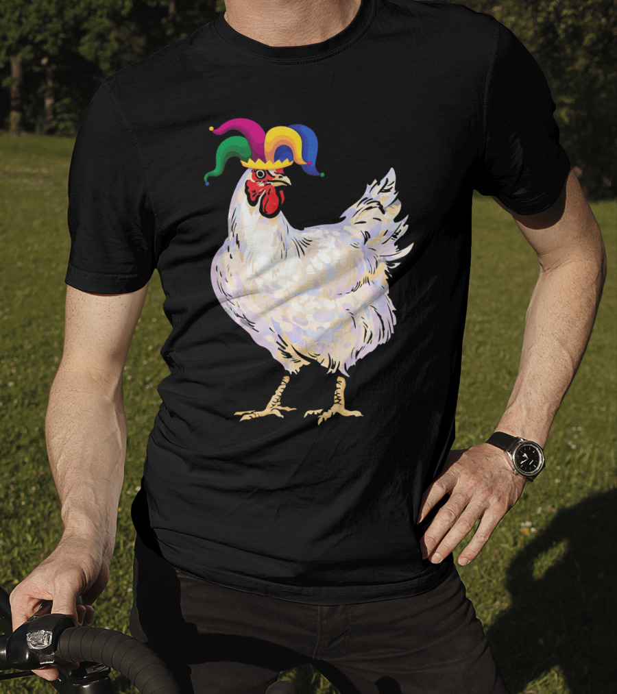 Funny Mardi Gras Chicken Wearing Colorful Jester Hat T-Shirt