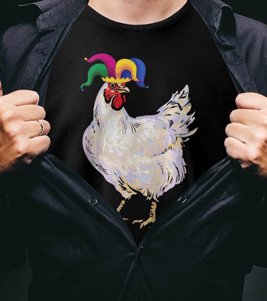 Funny Mardi Gras Chicken Wearing Colorful Jester Hat T-Shirt