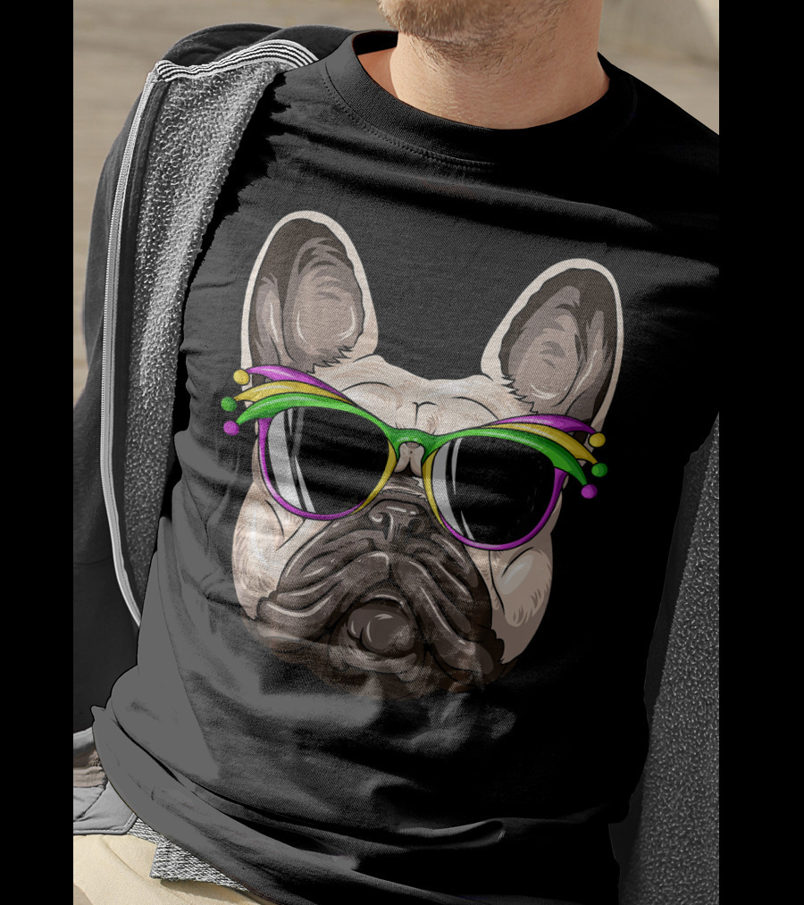 French Bulldog With Mardi Gras Jester Sunglasses T-Shirt