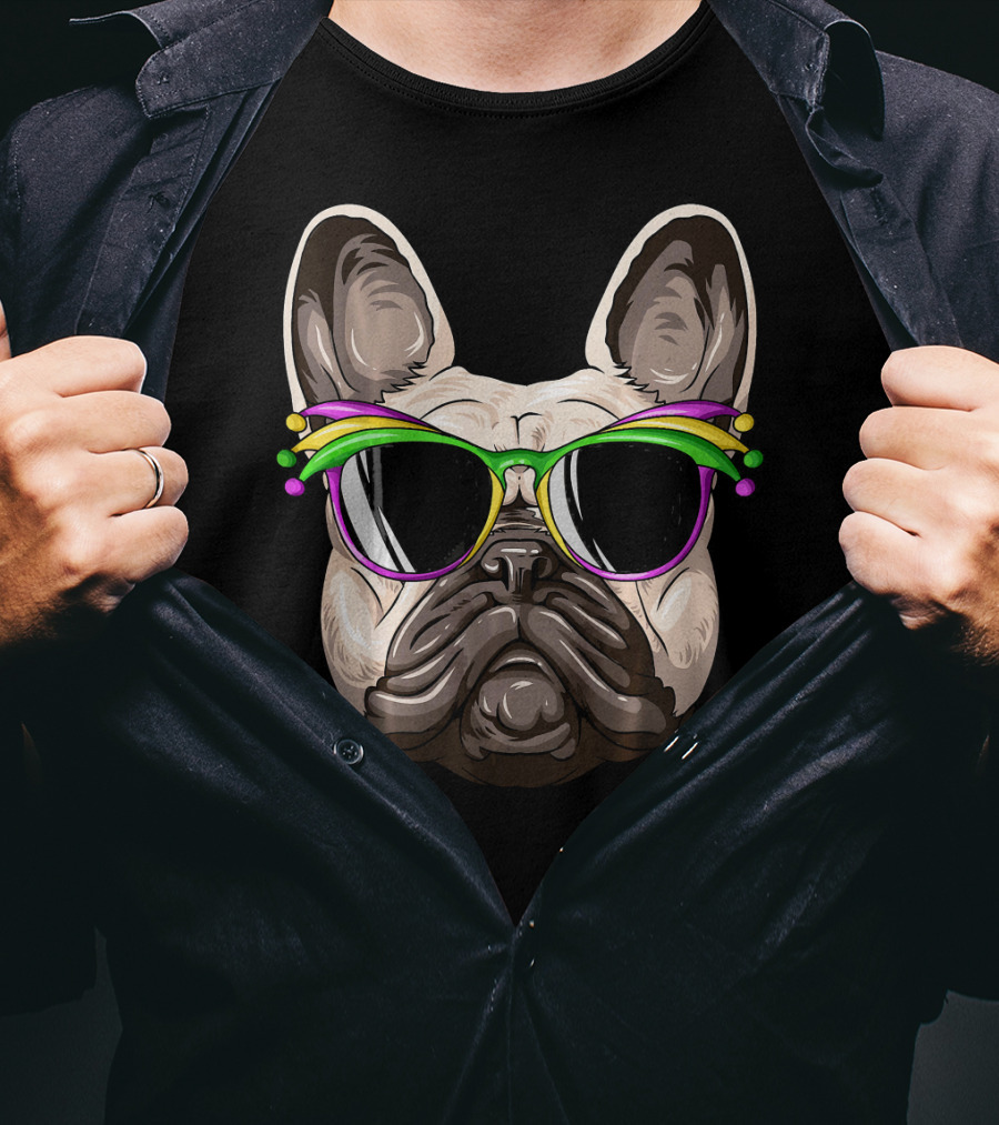 French Bulldog With Mardi Gras Jester Sunglasses T-Shirt