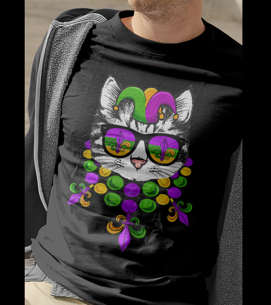 Mardi Gras Cat Meow Kitten New Orleans Jester Hat Fleur-de-Lis Beads T-Shirt