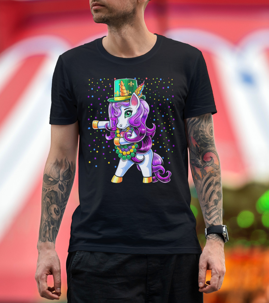 Mardi Gras Unicorn Flossing with Jester Hat and Beads T-Shirt