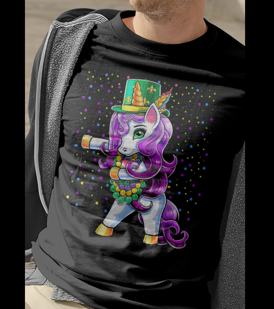 Mardi Gras Unicorn Flossing With Jester Hat And Beads T-Shirt