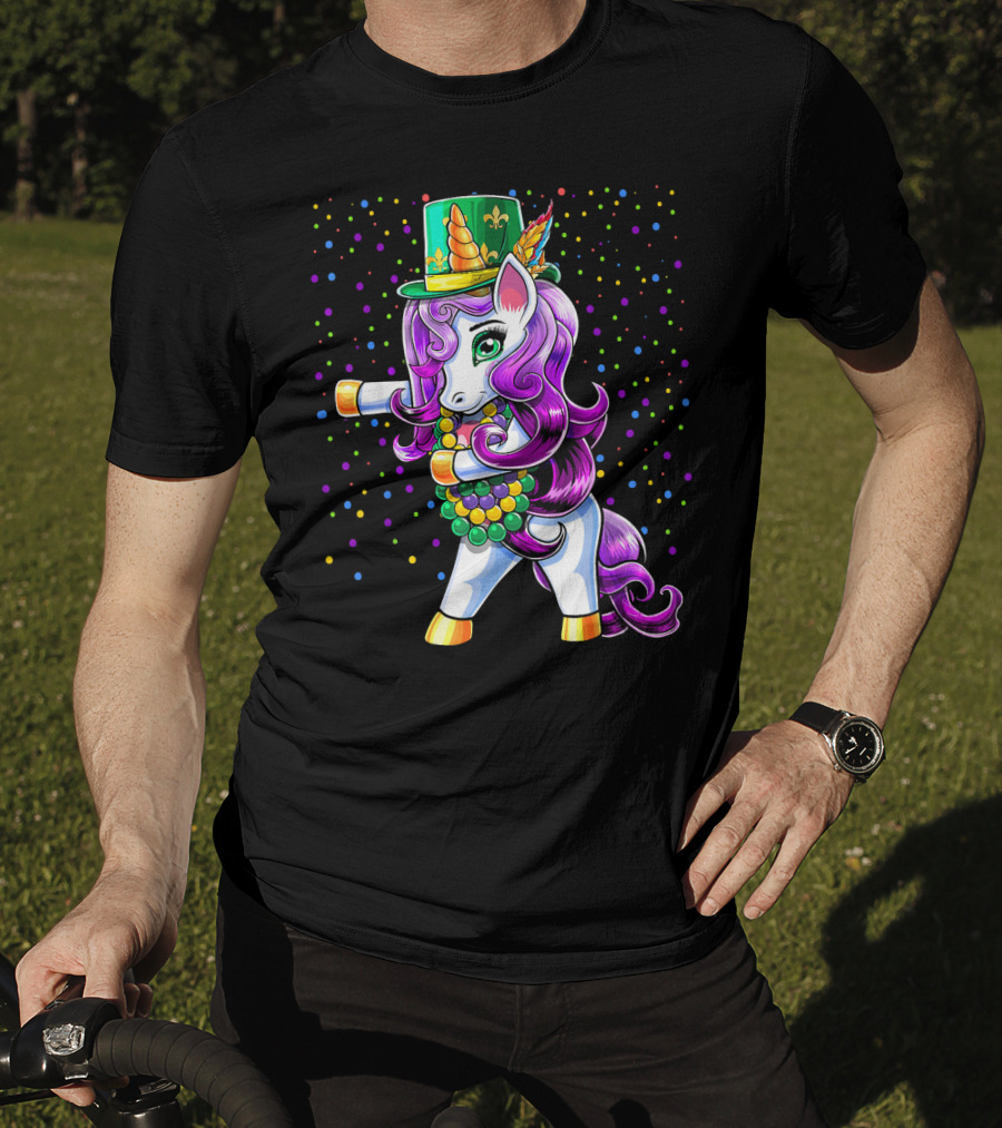 Mardi Gras Unicorn Flossing With Jester Hat And Beads T-Shirt