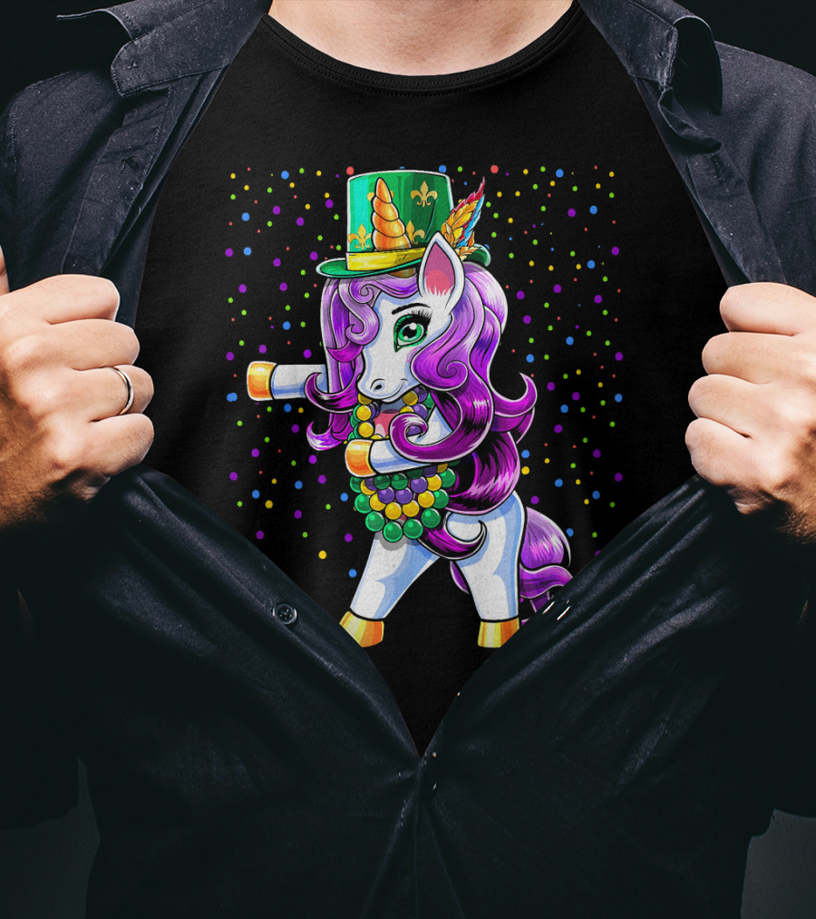 Mardi Gras Unicorn Flossing With Jester Hat And Beads T-Shirt