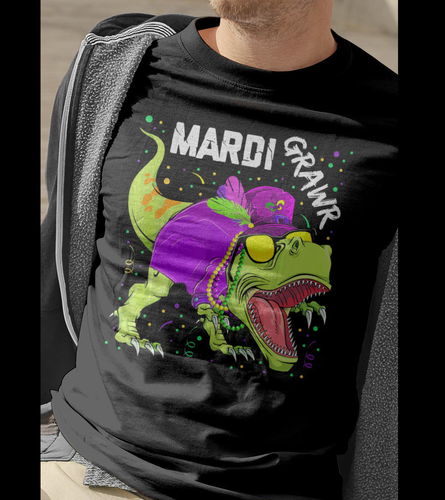 Mardi Grawr Dinosaur Mardi Gras Beads Cosplay Party T-Shirt