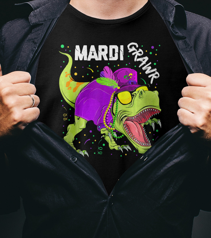 Mardi Grawr Dinosaur Mardi Gras Beads Cosplay Party T-Shirt