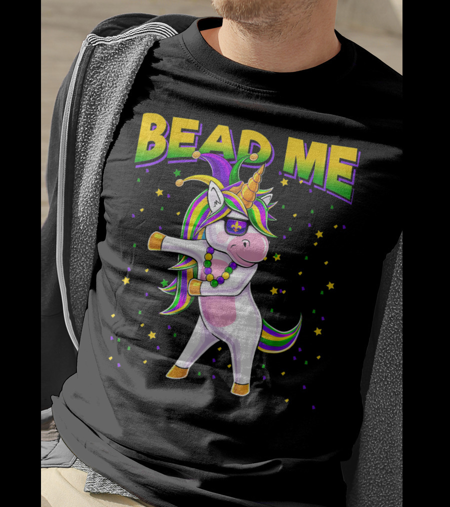 Bead Me Mardi Gras Flossing Unicorn Jest Fleur-de-lis Stars T-Shirt