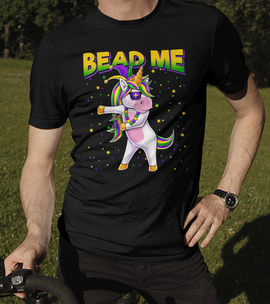 Bead Me Mardi Gras Flossing Unicorn Jest Fleur-de-lis Stars T-Shirt