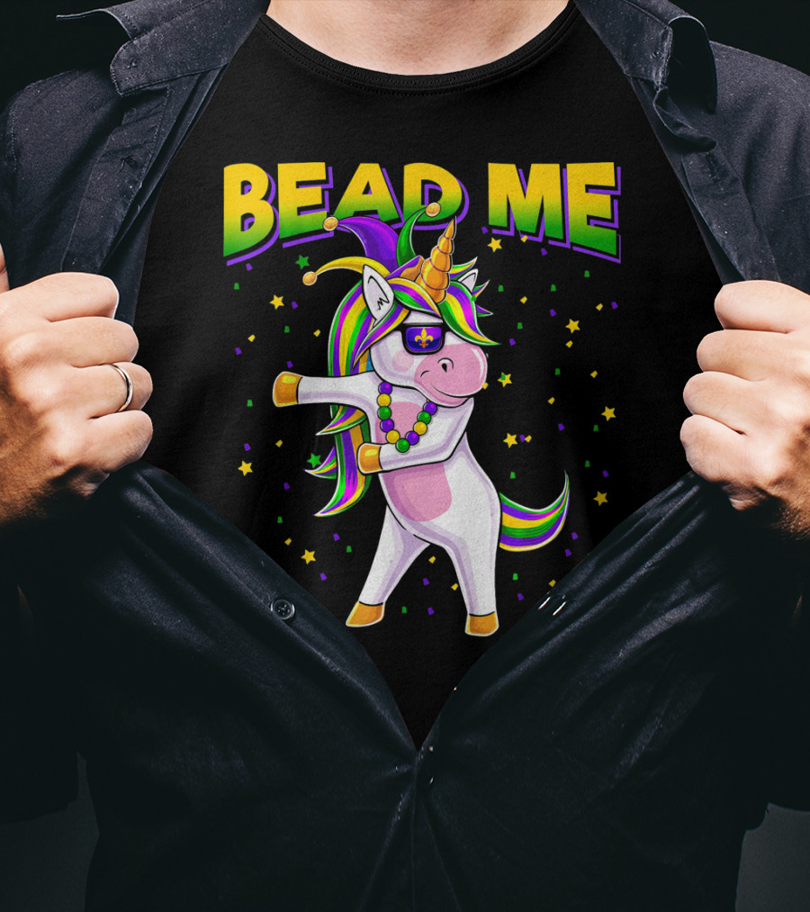 Bead Me Mardi Gras Flossing Unicorn Jest Fleur-de-lis Stars T-Shirt