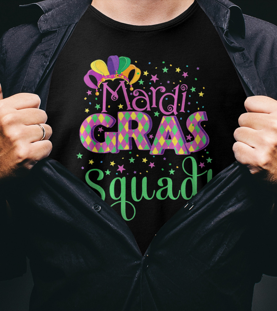 Mardi Gras Squad Funny Carnival Colorful Jester Hat And Stars T-Shirt