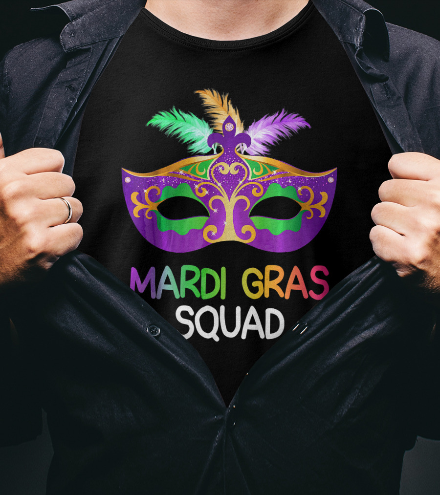 Mardi Gras Squad Colorful Mask Team Fun T-Shirt