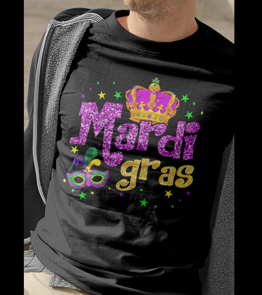 Mardi Gras Crown Glitter Mask Stars T-Shirt