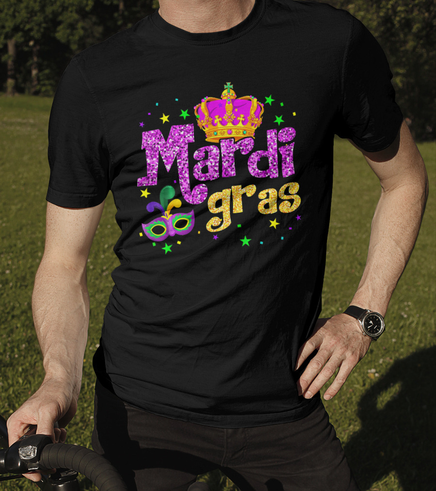 Mardi Gras Crown Glitter Mask Stars T-Shirt
