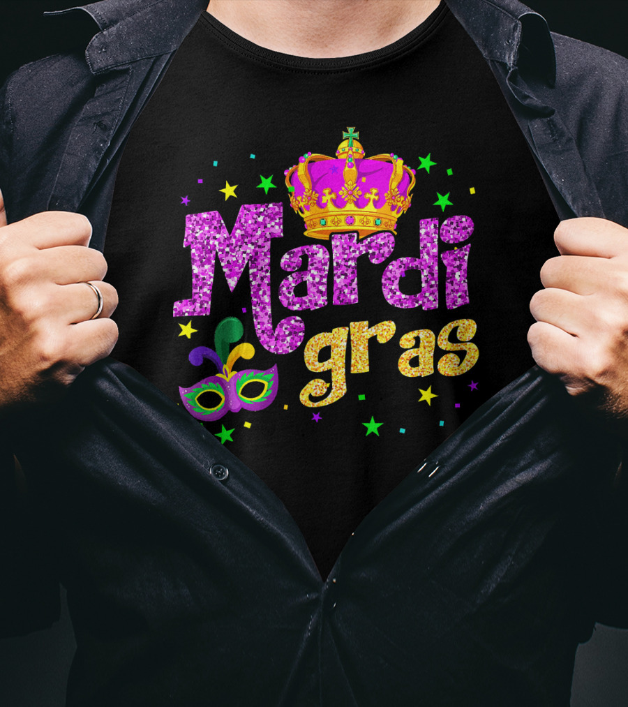Mardi Gras Crown Glitter Mask Stars T-Shirt