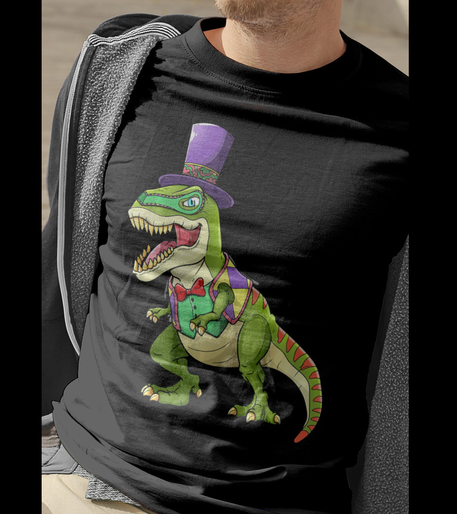 Mardi Gras Dinosaur Wearing Top Hat And Bow Tie T-Shirt