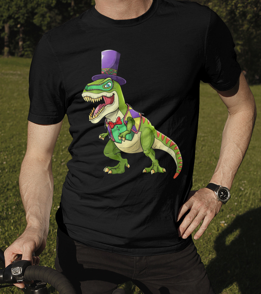 Mardi Gras Dinosaur Wearing Top Hat And Bow Tie T-Shirt