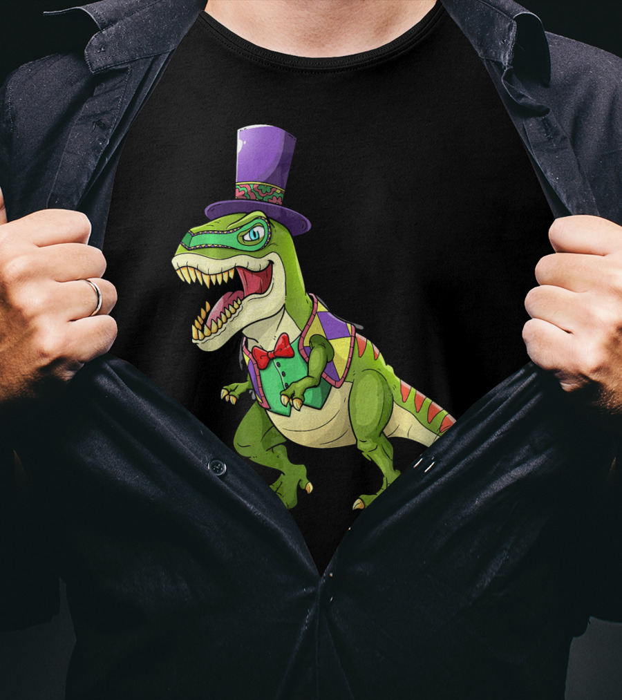 Mardi Gras Dinosaur Wearing Top Hat And Bow Tie T-Shirt