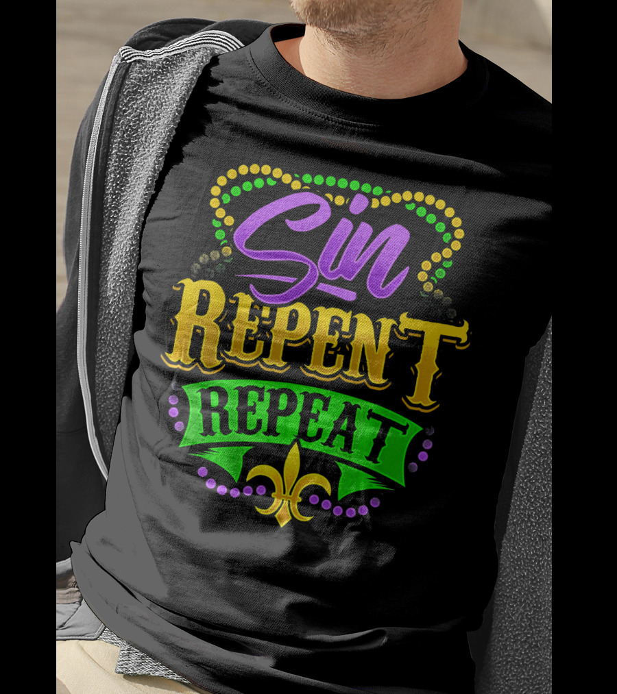 Mardi Gras Sin Repent Repeat Fleur De Lis Beads T-Shirt