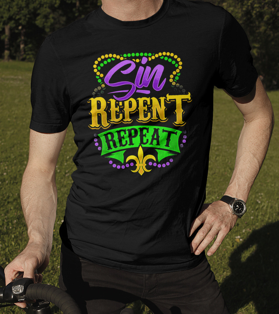 Mardi Gras Sin Repent Repeat Fleur De Lis Beads T-Shirt
