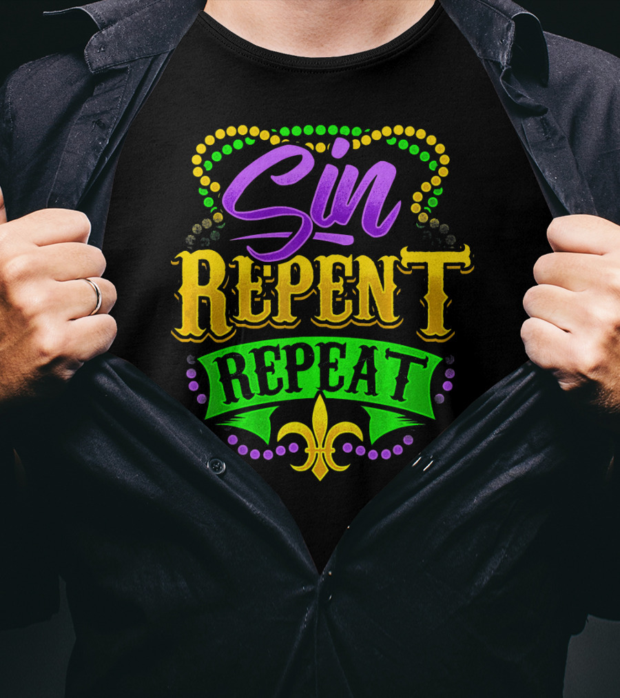 Mardi Gras Sin Repent Repeat Fleur De Lis Beads T-Shirt