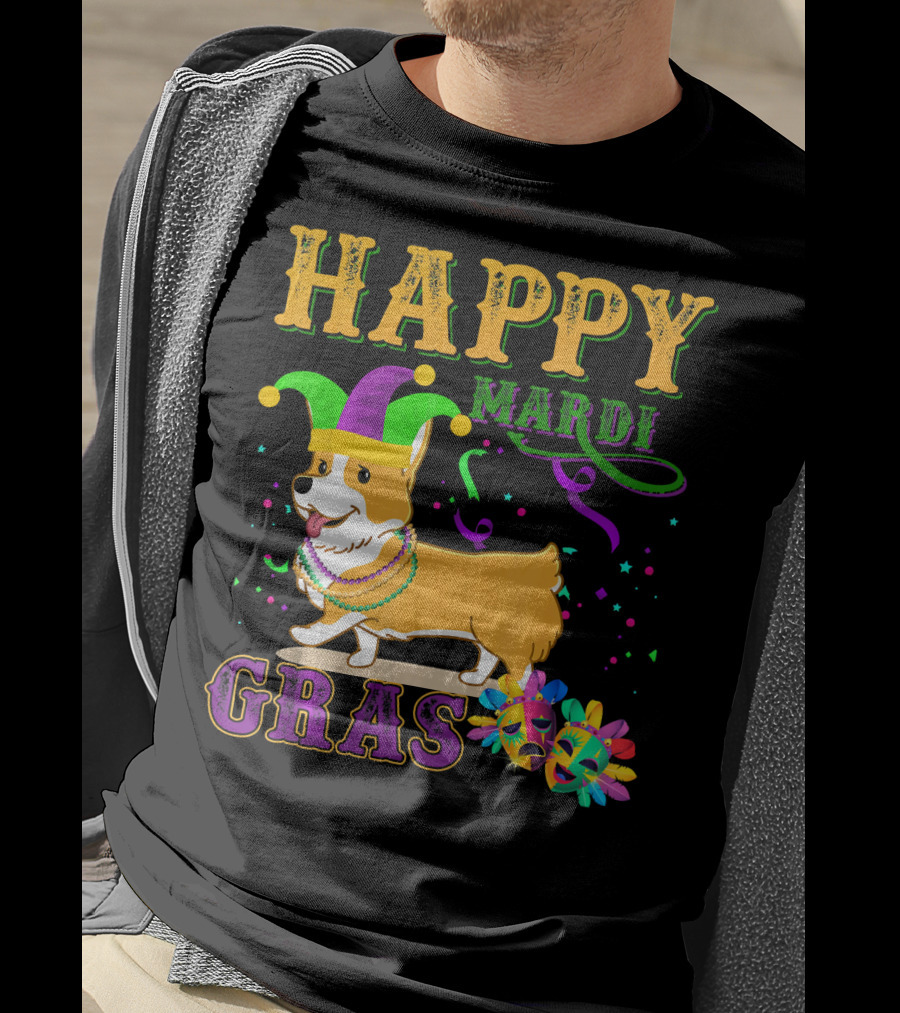 Happy Mardi Gras Welsh Corgi Costume Party T-Shirt