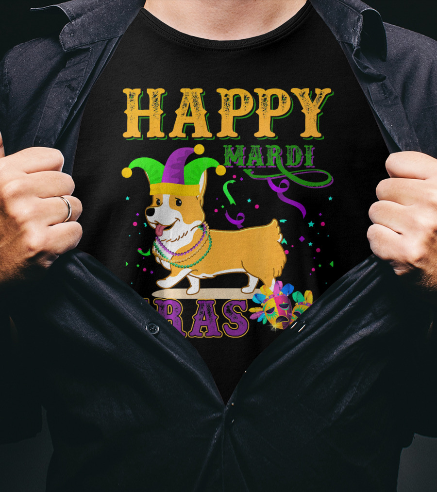 Happy Mardi Gras Welsh Corgi Costume Party T-Shirt