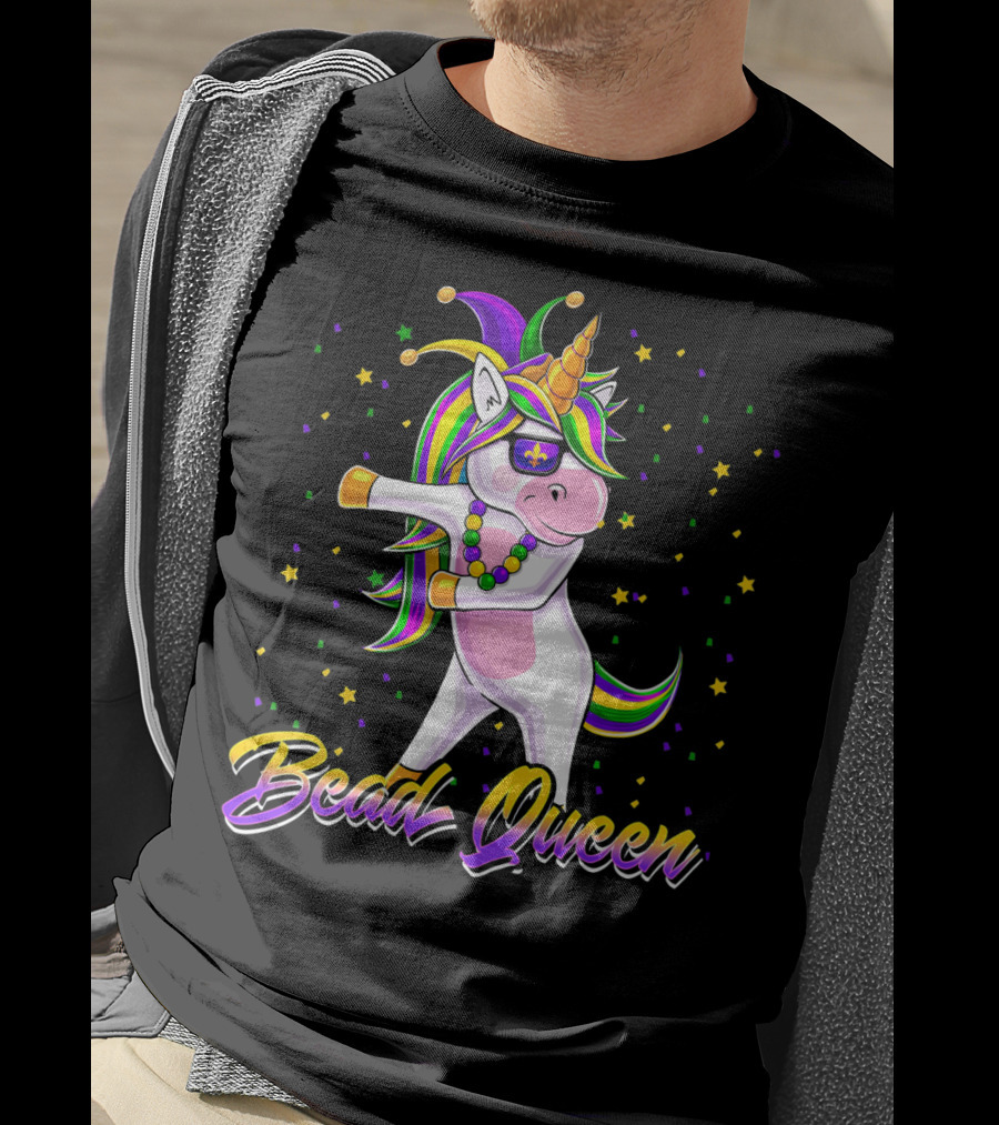Bead Queen Mardi Gras Unicorn With Floss Dance And Jester Hat T-Shirt