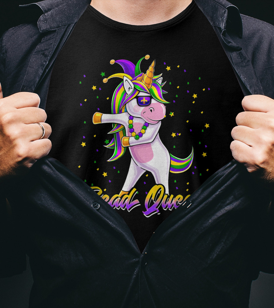 Bead Queen Mardi Gras Unicorn With Floss Dance And Jester Hat T-Shirt