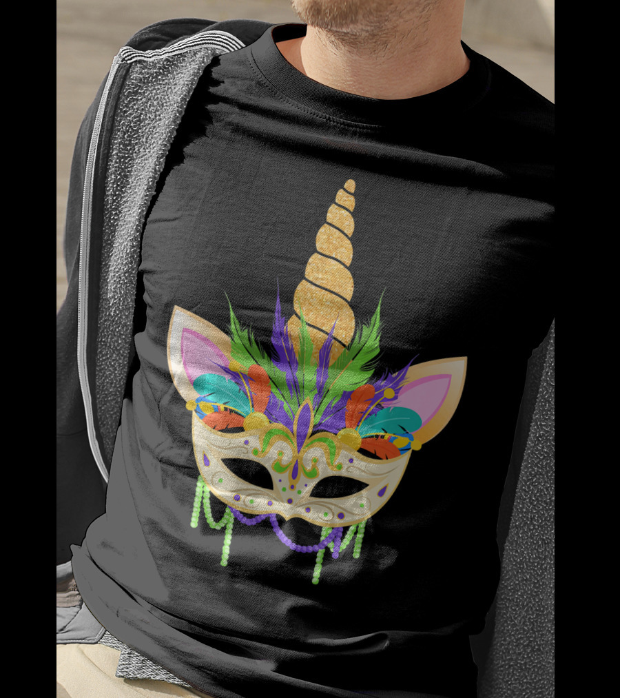 Unicorn Mask With Feathers And Beads Mardi Gras T-Shirt