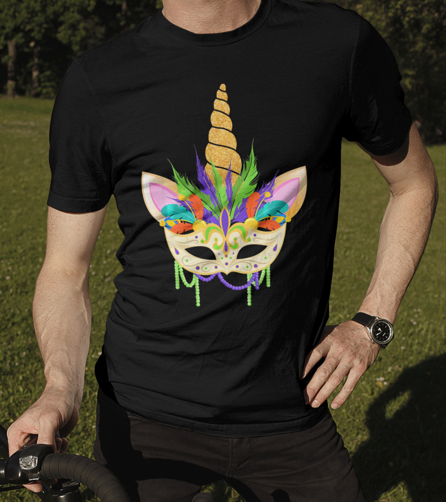 Unicorn Mask With Feathers And Beads Mardi Gras T-Shirt