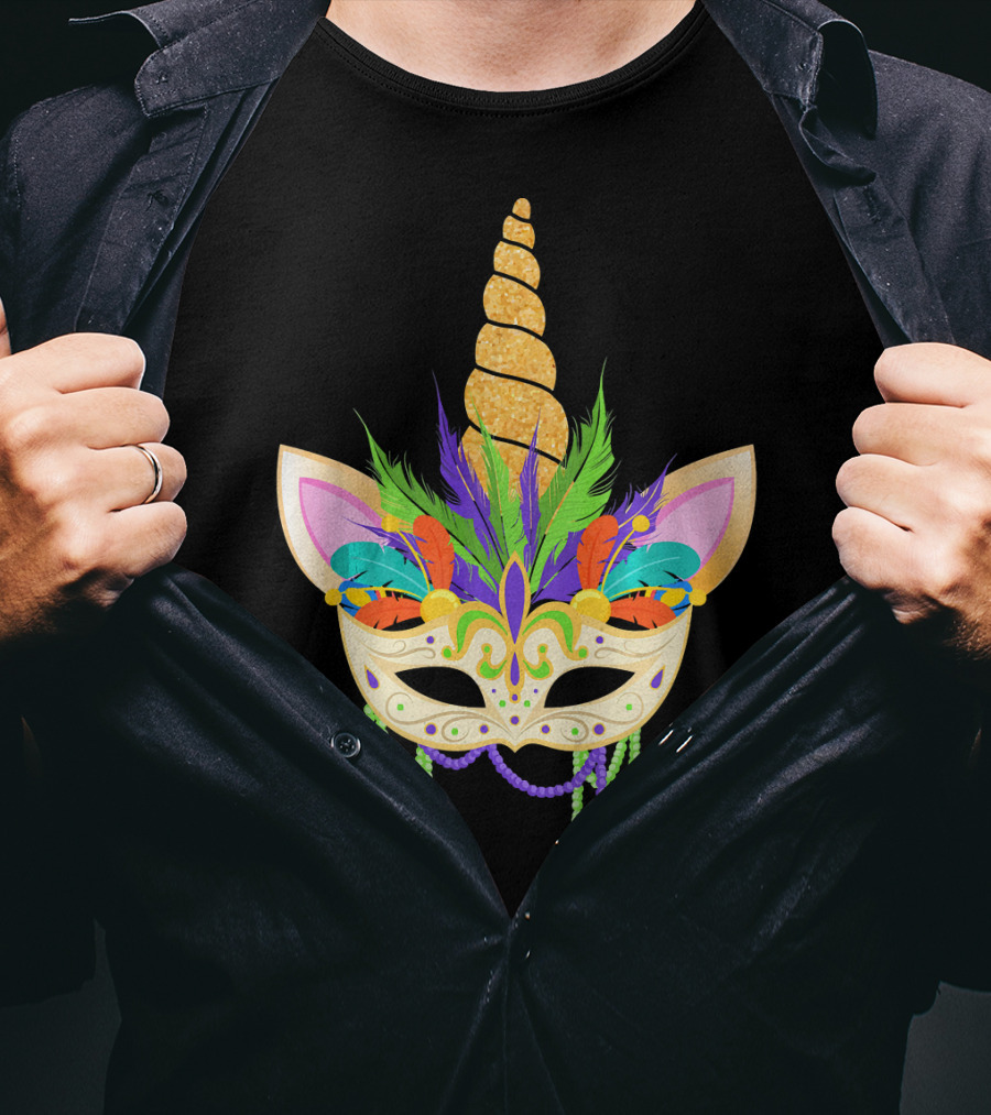 Unicorn Mask With Feathers And Beads Mardi Gras T-Shirt