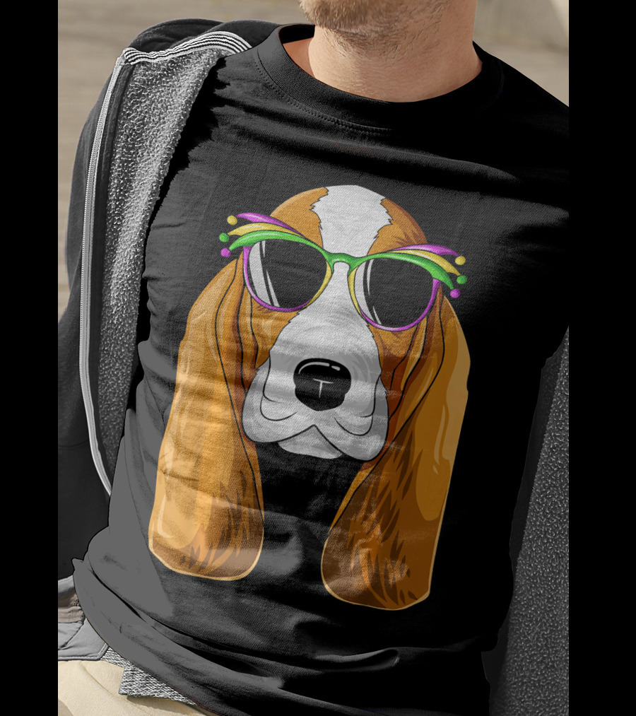 Basset Hound With Mardi Gras Carnival Mask And Sunglasses T-Shirt