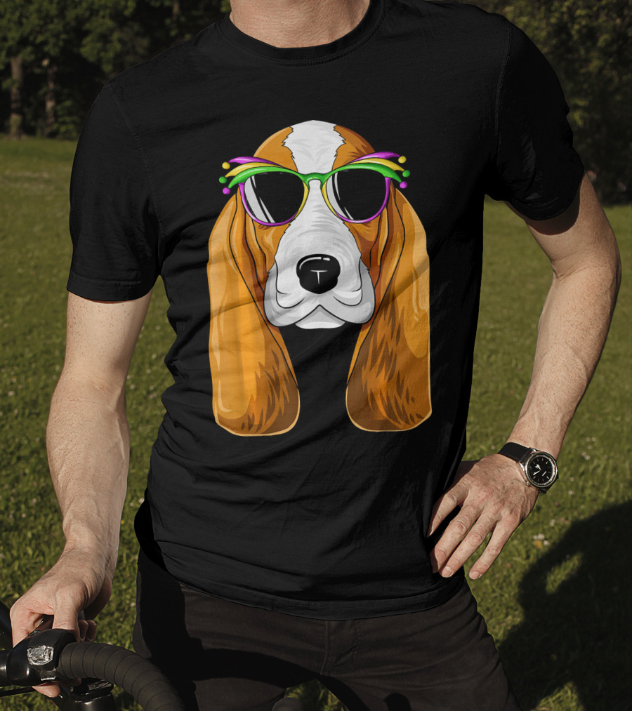 Basset Hound With Mardi Gras Carnival Mask And Sunglasses T-Shirt