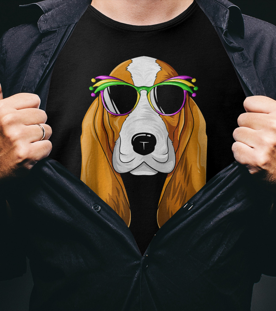 Basset Hound With Mardi Gras Carnival Mask And Sunglasses T-Shirt
