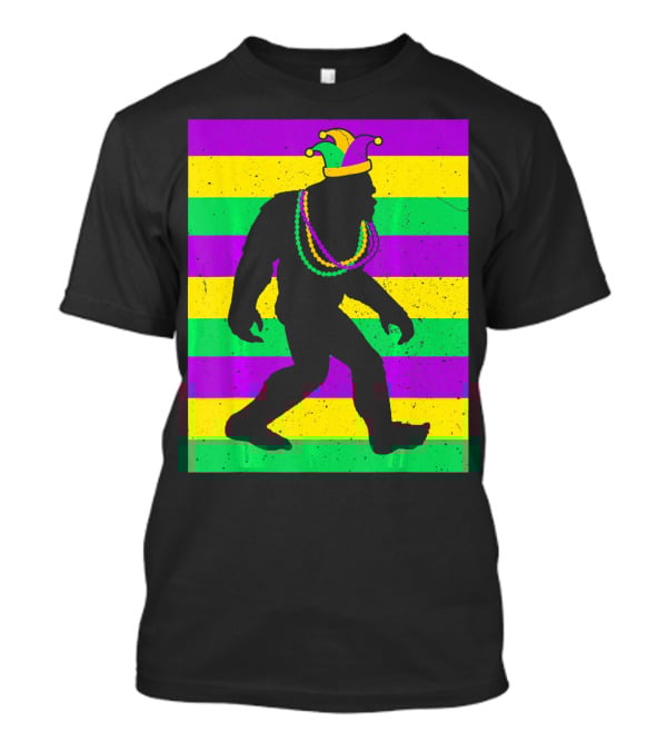Bigfoot Sasquatch In Mardi Gras Jester Hat And Beads T-Shirt