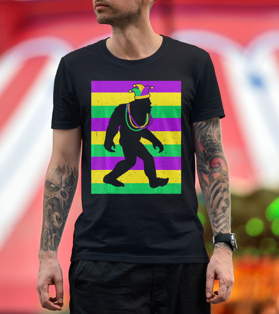 Bigfoot Sasquatch in Mardi Gras Jester Hat and Beads T-Shirt