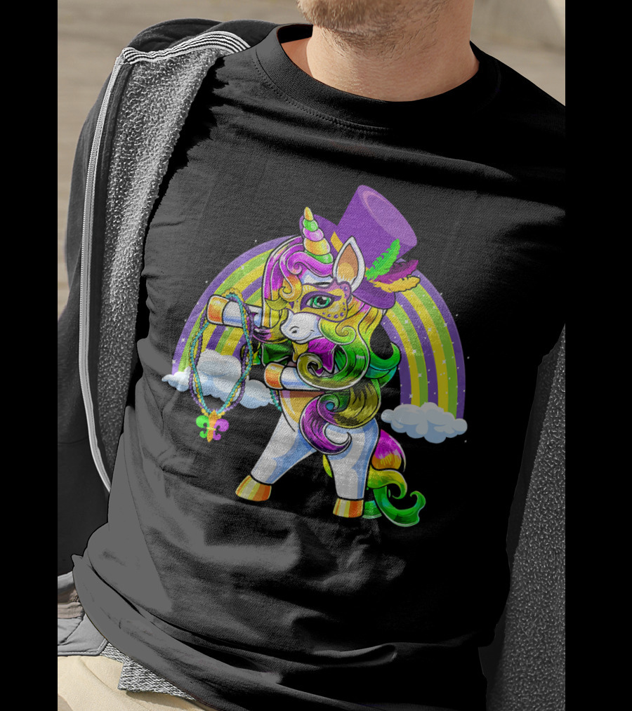 Flossing Unicorn In Top Hat With Rainbow And Mardi Gras Elements T-Shirt
