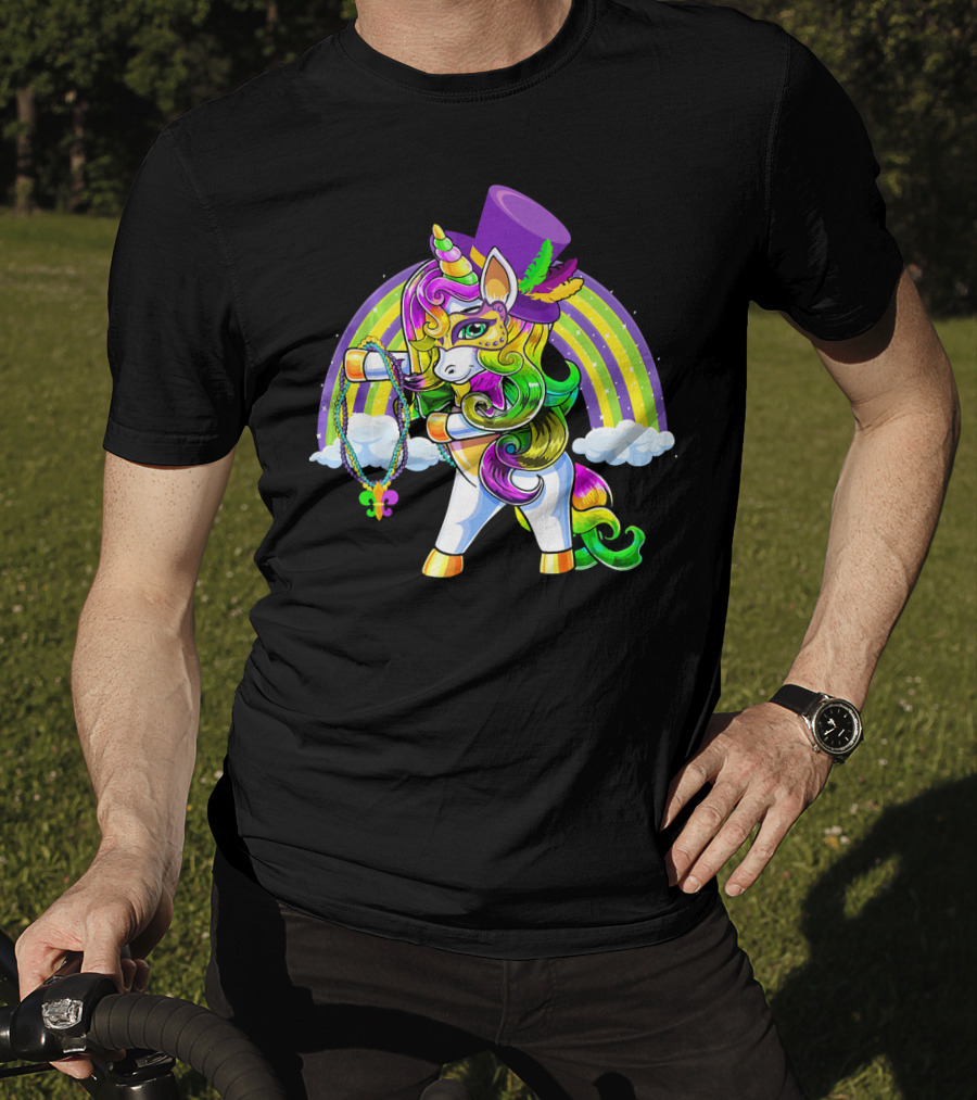 Flossing Unicorn In Top Hat With Rainbow And Mardi Gras Elements T-Shirt