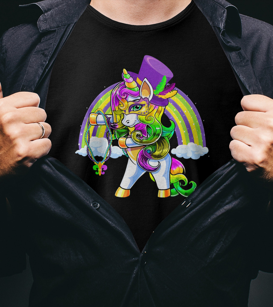 Flossing Unicorn In Top Hat With Rainbow And Mardi Gras Elements T-Shirt