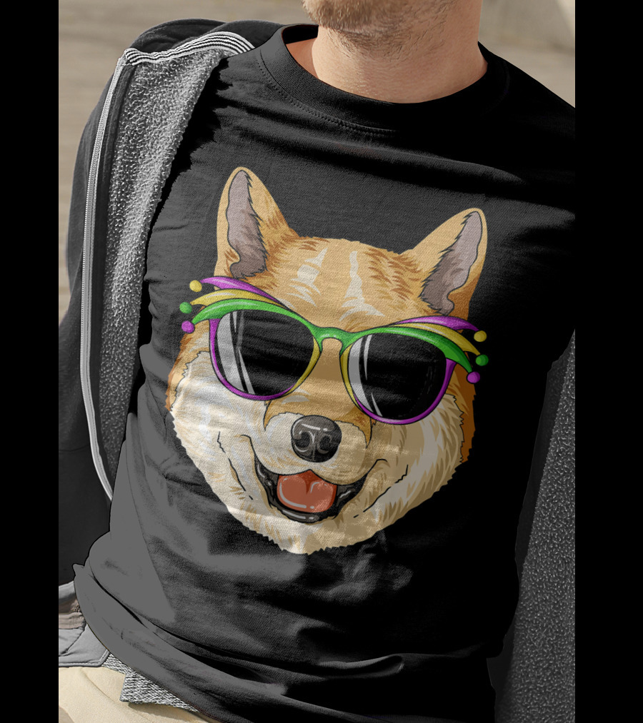 Shiba Inu In Mardi Gras Carnival Mask With Festive Sunglasses T-Shirt