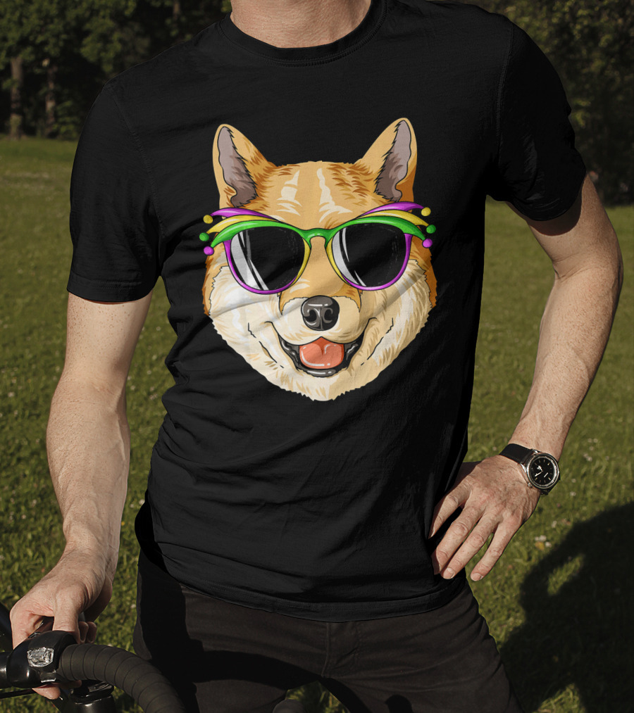 Shiba Inu In Mardi Gras Carnival Mask With Festive Sunglasses T-Shirt