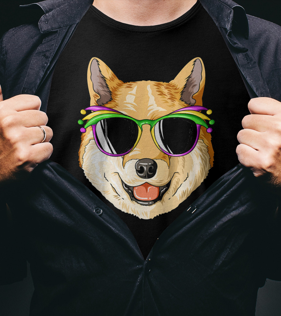 Shiba Inu In Mardi Gras Carnival Mask With Festive Sunglasses T-Shirt