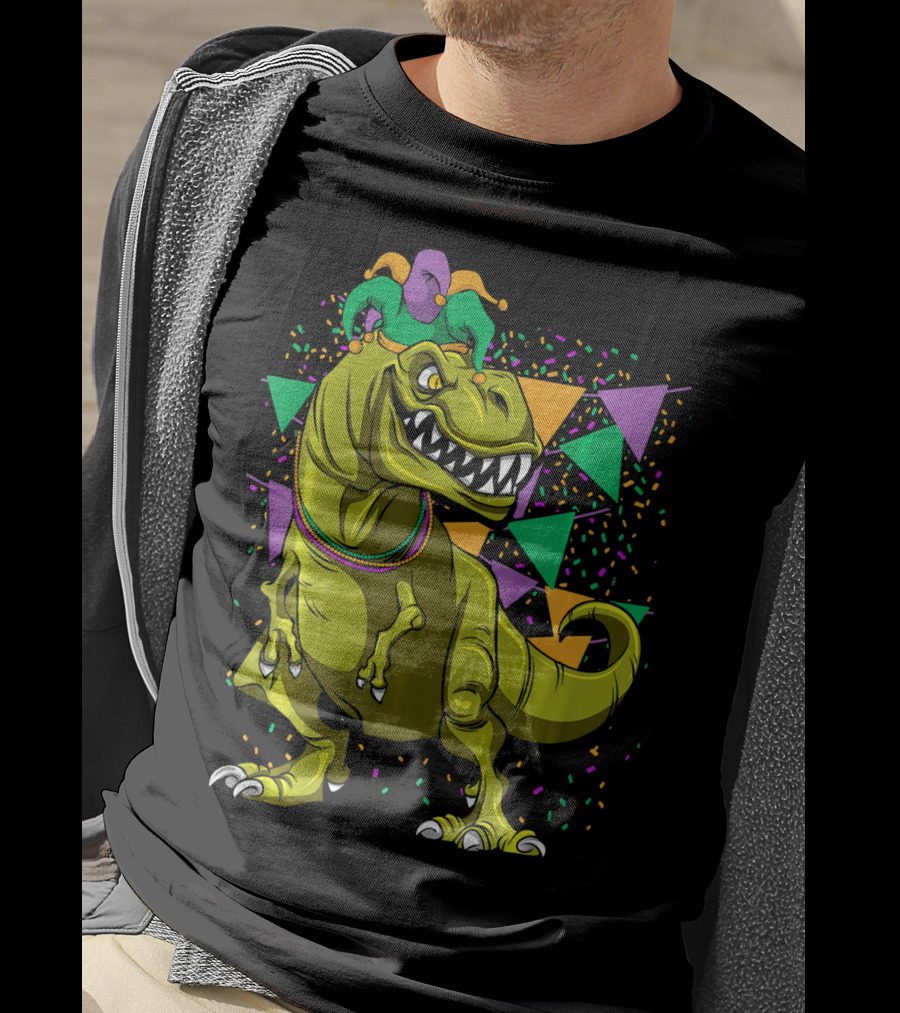 Funny Fat Tuesday Mardi Gras T-Rex Jester With Beads And Confetti T-Shirt