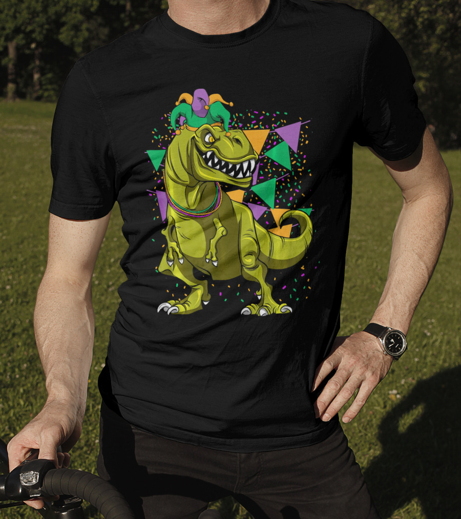 Funny Fat Tuesday Mardi Gras T-Rex Jester With Beads And Confetti T-Shirt