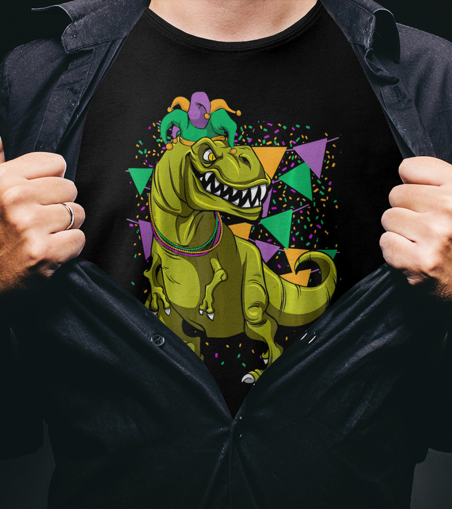Funny Fat Tuesday Mardi Gras T-Rex Jester With Beads And Confetti T-Shirt