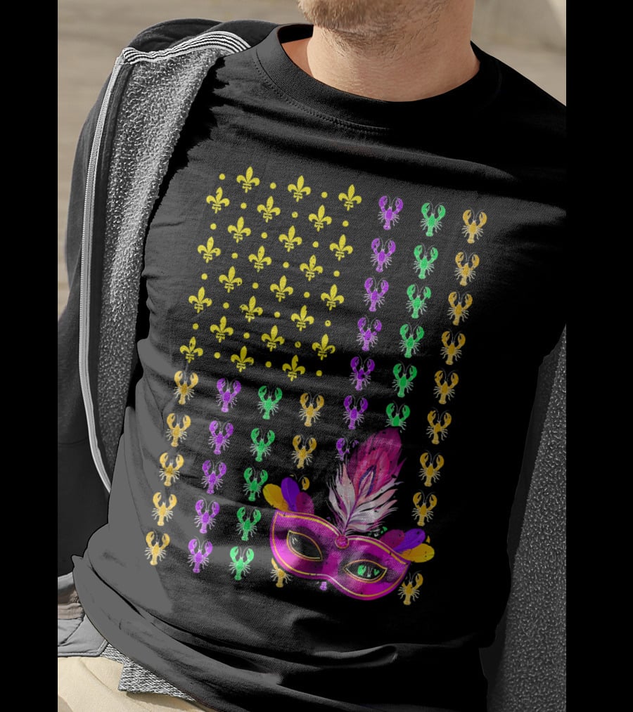 Crawfish Fleur-de-Lis Mardi Gras Mask American Flag T-Shirt