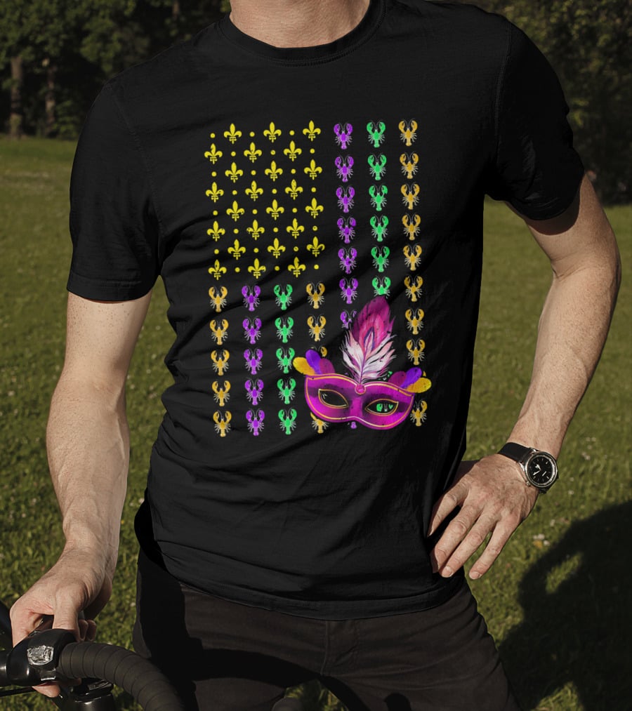 Crawfish Fleur-de-Lis Mardi Gras Mask American Flag T-Shirt