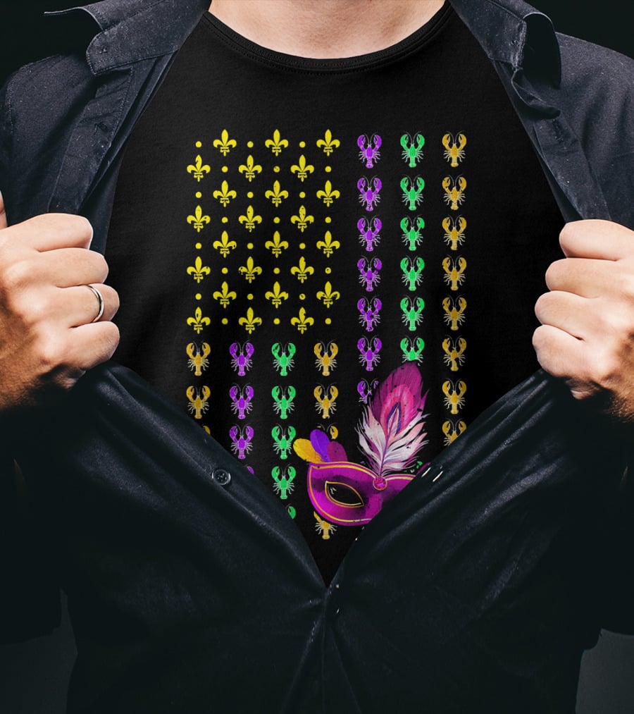 Crawfish Fleur-de-Lis Mardi Gras Mask American Flag T-Shirt
